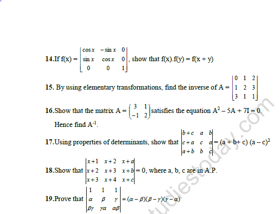 CBSE Class 12 Mathematics Matrices And Determinants Worksheet Set A
